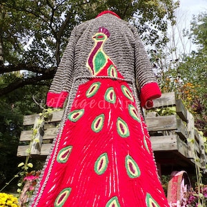 Red Peacock Vintage Women&#39;s Chenille Robe, 1940s Salt & Pepper Handmade Bathrobe, Size Small