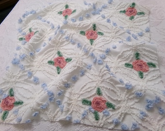 Pink Roses, Winter Vintage Chenille Bedspread Fabric, 22x20" Piece
