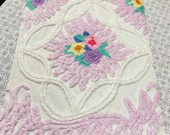 Vintage Chenille Fabric, Lavender Pink Floral Tufted 18x26" Craft Piece