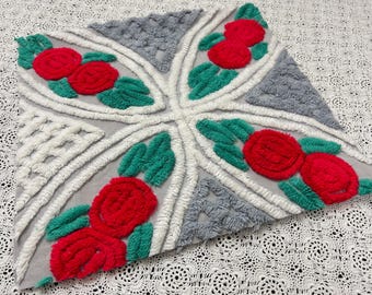 Red Rose Vintage Chenille Fabric, Dove Grey & White 15x28" Craft Piece