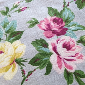 Vintage Barkcloth Fabric, Shabby Chic Roses on Silvery Grey, 10.5&quot; x 34&quot; Cut Fabric Piece Ideal for Small Craft & Sewing Projects