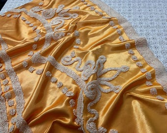 Vintage Gold Satin Fabric, Scroll Tufted Chenille Crowns 23x36" Piece