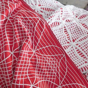 Vintage Red Chenille Bedspread, Full Size, White Tufted Geometric Design, 100% Cotton
