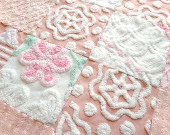 dainty vintage 6" chenille fabric squares, set of 16 quilt blocks in peach, pink & white colors for sewing, crafts, fiber arts