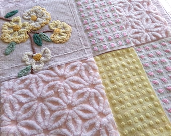chenille fabric squares, set of 6 big 9.5" square quilt blocks from vintage chenille bedspreads, dainty daisy, pink rosebud, floral, dots