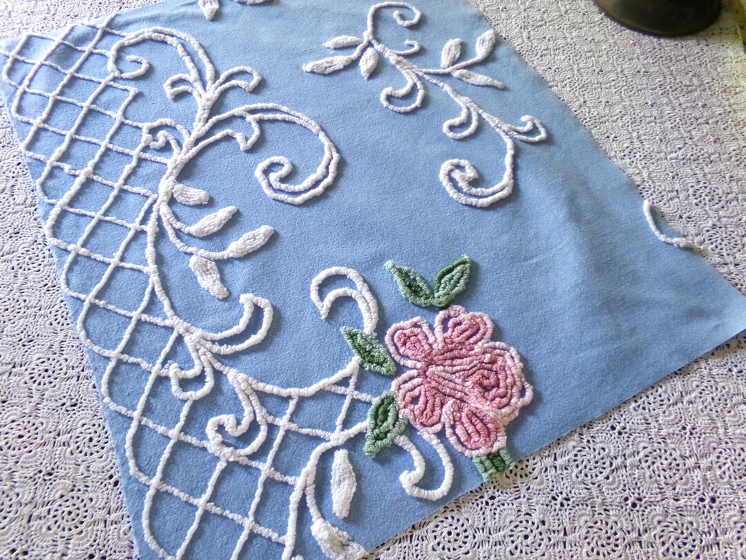 Shabby Chic Pink Rose Vintage Chenille Fabric, Pretty Blue Background ...