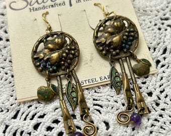 Silver Forest Dangle Earrings Pierced Vintage Boho Bountiful Harvest Grape Leaves, Apples
