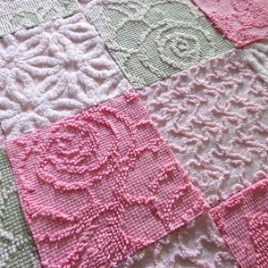 Flower Lady Vintage Chenille Squares, 16 Quilt Blocks, 6" inch in Sage Green, Petal Pink & Rose, from Chenille Bedspread Fabrics