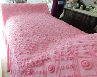 Romantic Rose Vintage Chenille Bedspread with Integrated Skirt & Donut Rosettes, Full Size, Summer Weight