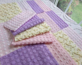 fairy magic 6" vintage chenille fabric squares, set of 16 pink, yellow & lavender quilt blocks for quilting, sewing, crafts