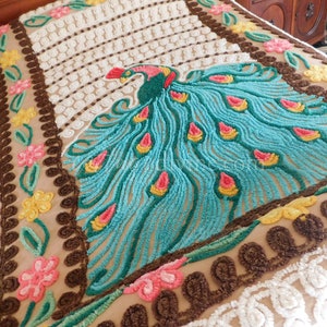 Iconic Chocolate Rainbow Peacock Vintage Chenille Bedspread, 100% Cotton, FULL Size