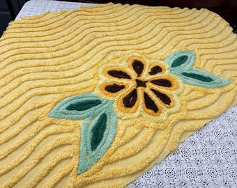 Vintage Chenille Bedspread Fabric, Sunflower Golden Yellow Daisy 25x42" Large Piece