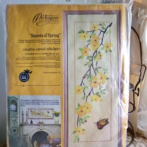 SECRETS of SPRING Crewel Embroidery Kit, HUGE Butterfly & Flowers Wall Hanging, Vintage Paragon Retro Hippie Stitchery, # 0629, Georgia Ball