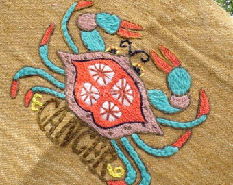 CANCER Rare Zodiac Vintage Astrology Embroidery, Paragon Crewel Stitchery, Completed, an Original 1969 Barbara Sparre Design