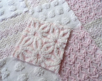 Dainty Pinks Chenille Quilt Squares Set from Vintage Bedspread Fabric, 16 Blocks, 6" x 6" inch