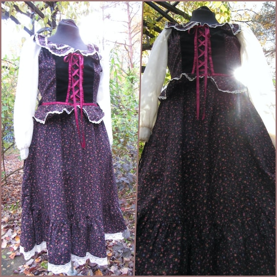 Peplum Calico Velvet Corset Gunne Sax Style Vintag