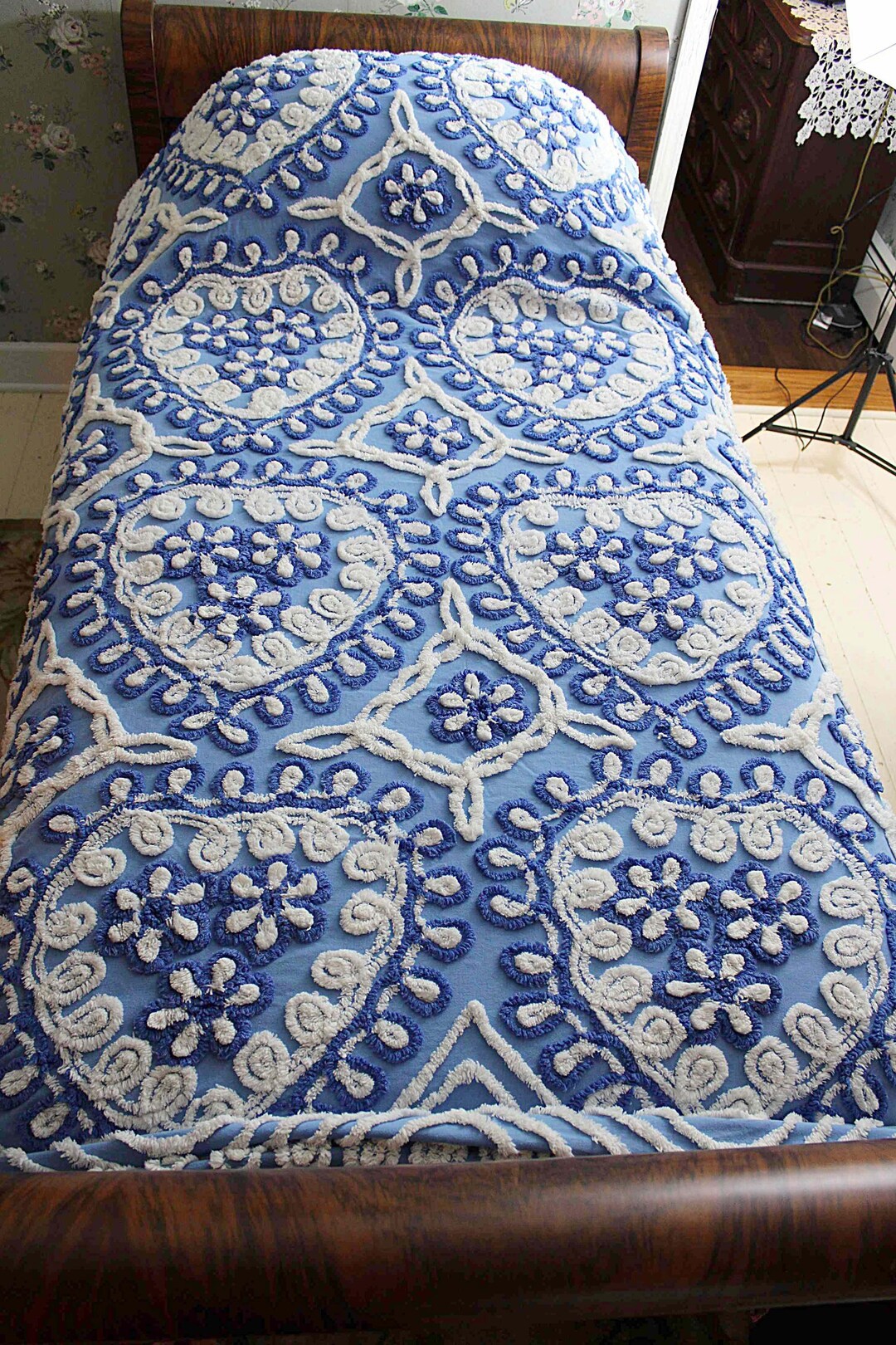 Fluffy Vintage Chenille Bedspread Adorable Blue And White Stylized 