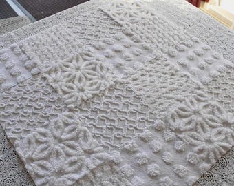 Snow Angel White Chenille Quilt Squares Set from Vintage Bedspread Fabric, 16 Blocks, 6" x 6" inch