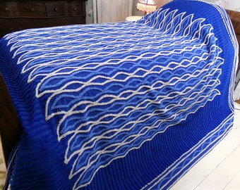 blue flame vintage chenille bedspread, dramatic unique geometric design, full size cotton bedding