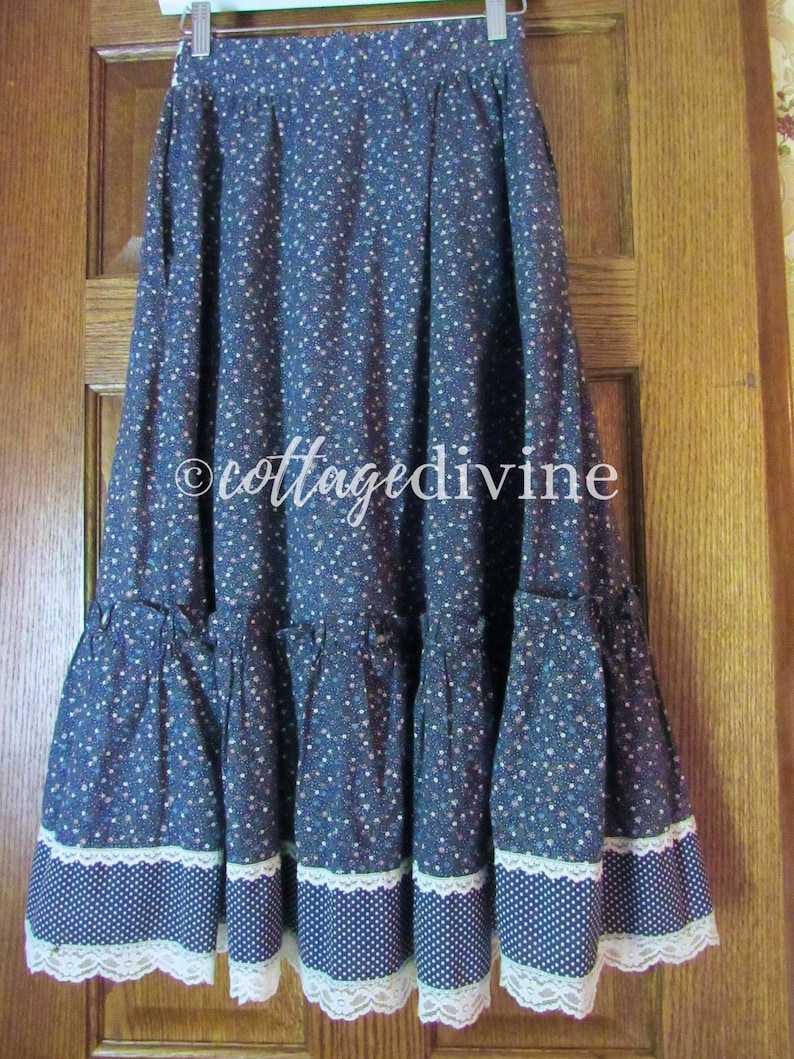 Navy Flowers & Dots Gunne Sax Gunnies Vintage 1970s Calico Velvet Ruffle Prairie Skirt image 7