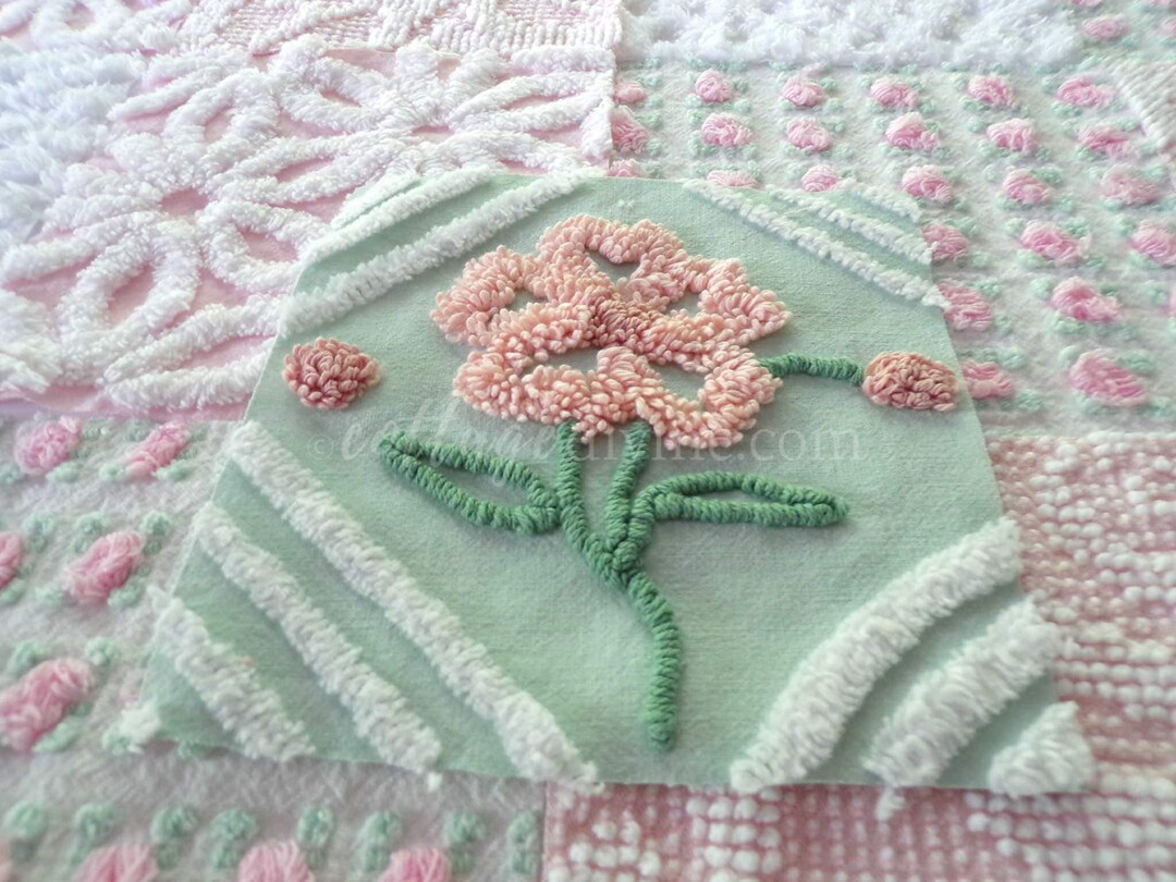 Popular Pink Chenille Quilt Squares Set From Vintage Bedspread Etsy