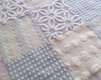 Blue Quilt Squares Set, Rotary Cut from Vintage Chenille Bedspread Fabric, 16 Blocks, 6" x 6" inch