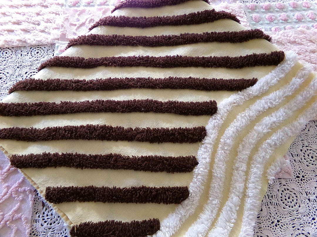 Vintage Chenille Fabric in Rich Chocolate & Buttery Yellow, Diagonal ...