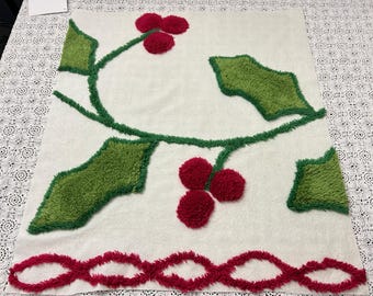 Holiday Vintage Chenille Fabric, Winter Holly Berry 22x20" Craft Piece