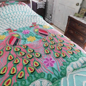 Green Peacock Vintage Chenille Bedspread, Rainbow Hearts, Cotton, Full Size, Shabby Chic Midcentury Iconic