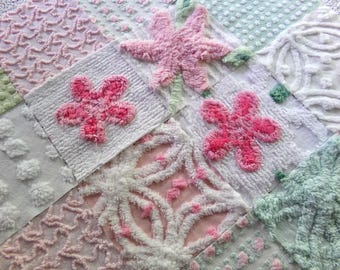 chenille 6" fabric squares, set of 16 vintage quilt blocks in joyful springtime colors of pink, green & white floral and geometric