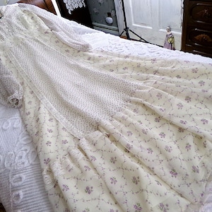 billowy vintage prairie maxi dress, boho style 1970s long gown with contrast delicate rosebud floral print, size small