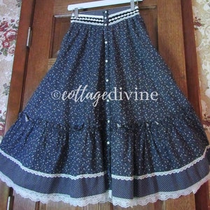 Navy Flowers & Dots Gunne Sax Gunnies Vintage 1970s Calico Velvet Ruffle Prairie Skirt image 1