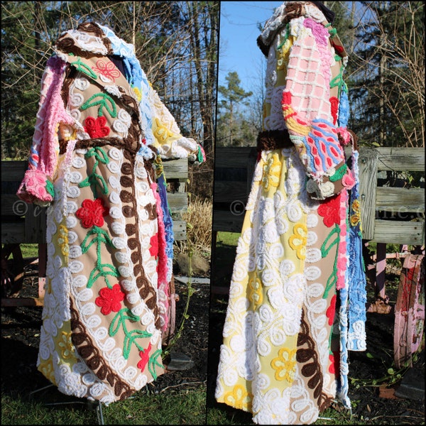 Patchwork Chenille Robe, Ladies M/L HOODED Bathrobe, Shabby Quilt Style, Upcycled from Vintage Chenille Bedspreads, Art to Wear