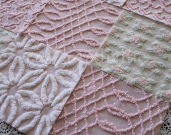 Pink Quilt Squares, Daisy Rosebud Craft Square Set from Vintage Bedspread Fabric, 16 Blocks, 6" x 6" inch