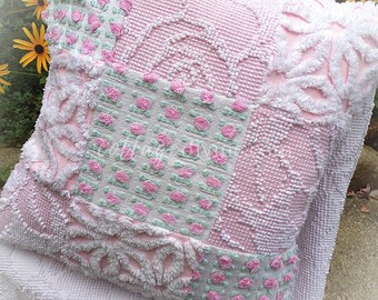 Cottage Fantasy Chenille Pillow Cover 16&quot; x 16&quot; inch Square, REVERSIBLE Patchwork Pink Accent Pillow from Vintage Chenille Bedspread Fabric