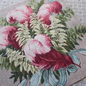 Divine Feathery Pink Plume Vintage Barkcloth Fabric, 19&quot; x 19&quot; inch Piece, Botanical Floral Print on Cool Grey, Great for DIY Pillows