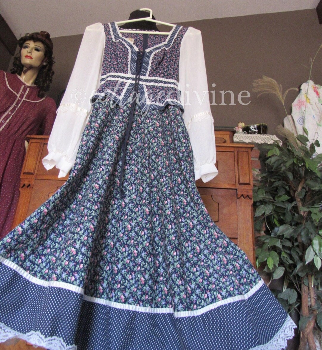 Vintage 1970s GUNNE SAX Peplum Corset Dress, Calico Rose & Dots Prairie ...