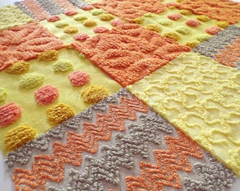 retro hippie daze chenille fabric squares, set of 16 vintage 6" x 6" inch quilt blocks for crafts, sewing, fiber arts