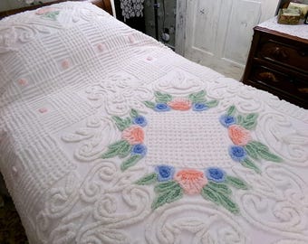 roses in winter vintage chenille bedspread, white cotton summer coverlet, classic cottage style full size bedding