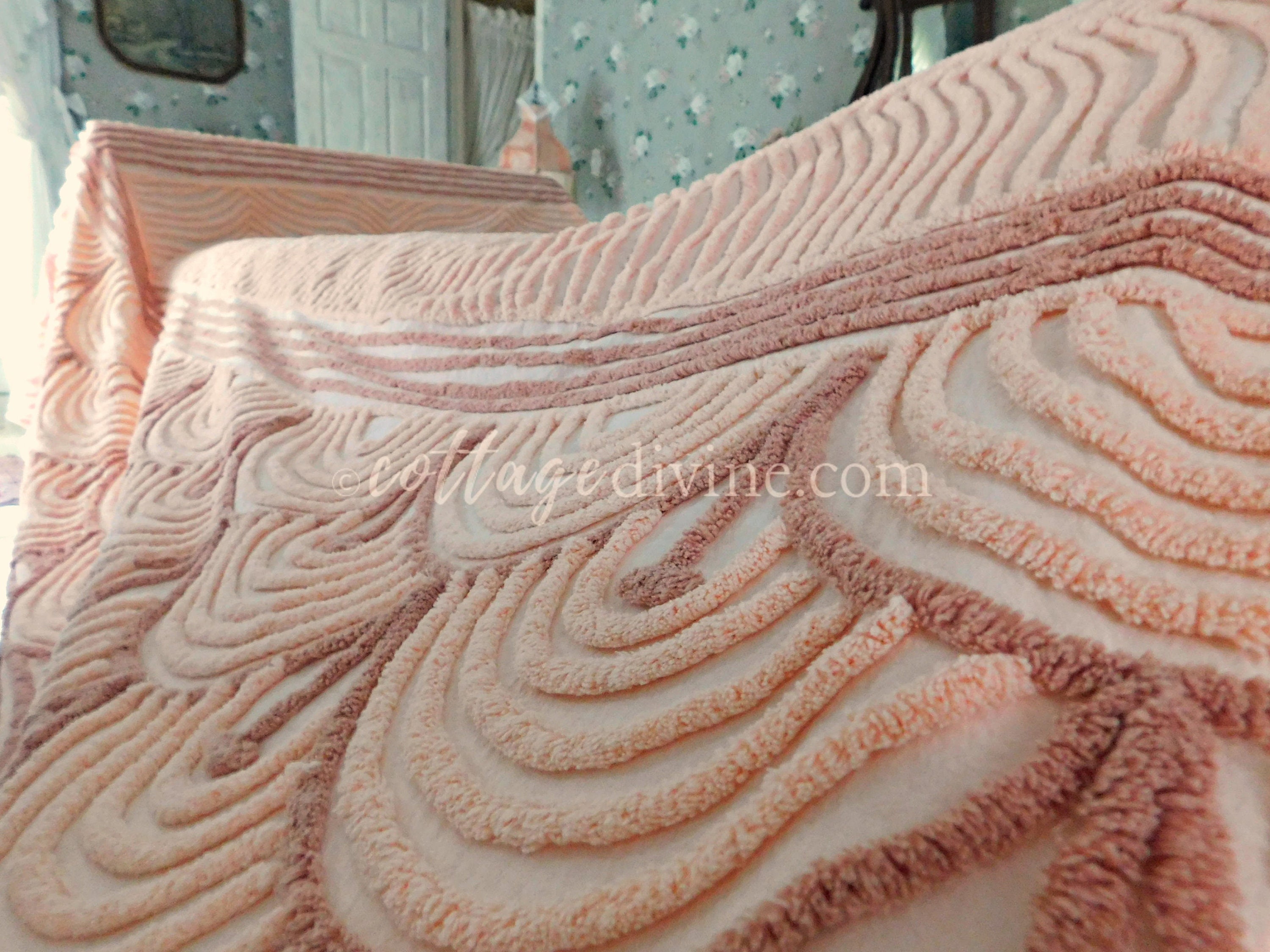 Vintage Full Size Chenille Bedspread Plush Swirls of Peach & Etsy