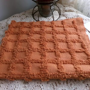 nutmeg pumpkin spice chenille fabric, 20" x 24" boho vintage style sewing material for quilts, crafts in simple windowpane tufted design
