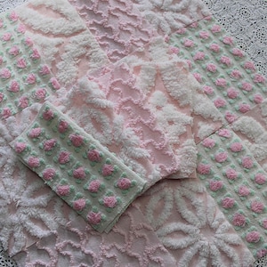 fairy pink chenille fabric squares, cottage rosebud & daisy, 16 vintage quilt blocks 6" x 6" inch, for patchwork pillows, quilting, crafts