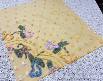 Floral Yellow Vintage Chenille Fabric, Shabby Chic 20x23" Pc