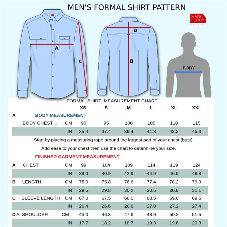 PDF Naaipatroon voor overhemd met lange mouwen voor heren XS / XXL afbeelding 4