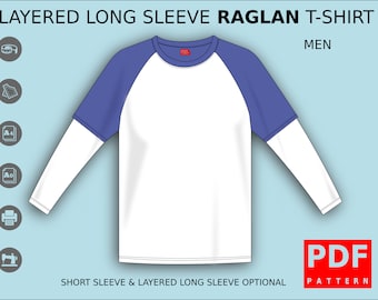 Raglan T-shirt Layered long Sleeve Sewing Pattern for Men XS / XXXL