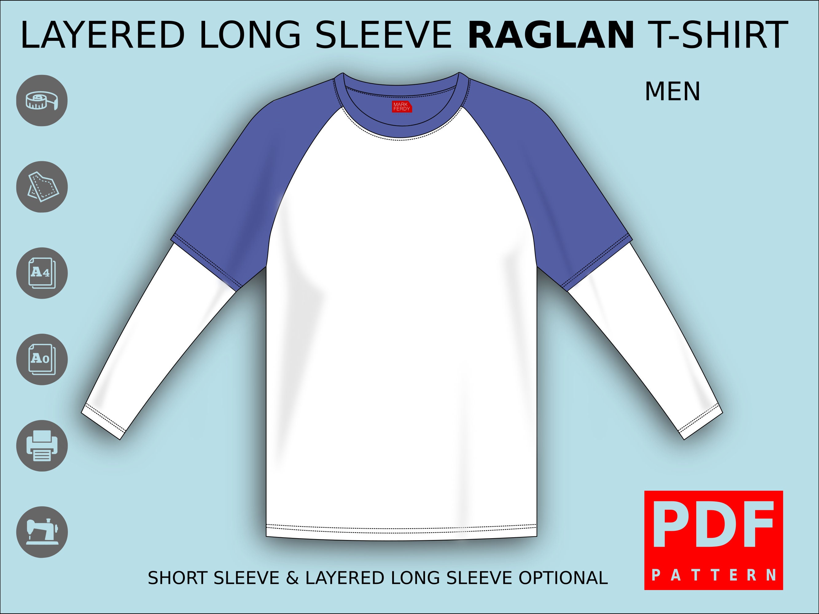 Raglan T-shirt Layered Long Sleeve Sewing Pattern for Men XS