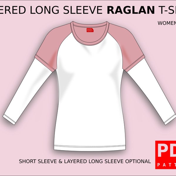 Raglan T-Shirt Layered Langarm Schnittmuster für Frauen XS / XXXL