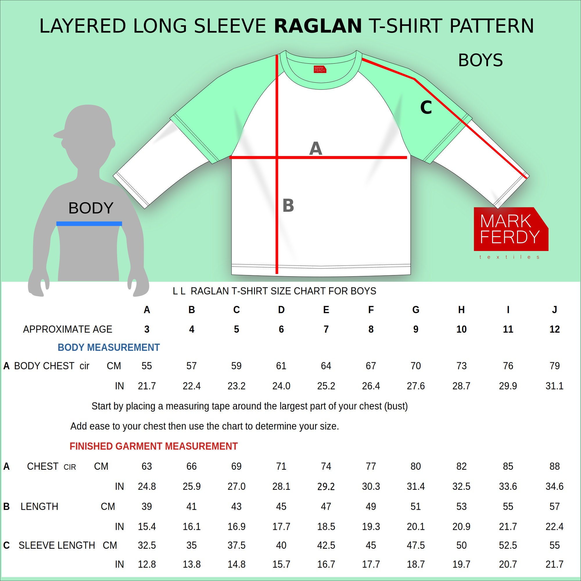 Raglan T-shirt Layered Long Sleeve Sewing Pattern for Boys Raglan T-shirt Layered Long Sleeve Sewing Pattern for Boys