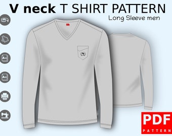 PDF V neck T shirts Long Sleeve Sewing Pattern for Men XS / XXXL