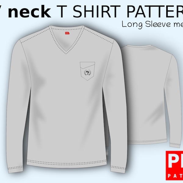 PDF V neck T shirts Long Sleeve Sewing Pattern for Men XS / XXXL